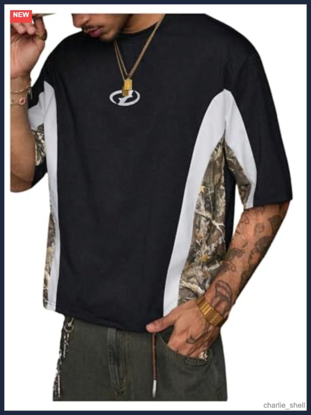 Men's Cropped Graphic Tee Y2K Style Camo Pattern 3/4 Sleeve
